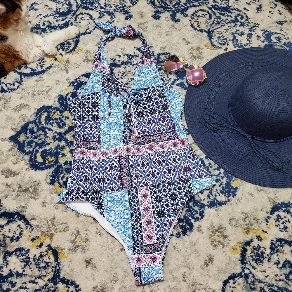 Cupshe Patchwork Print One-Piece Halter Swimsuit M - image 1